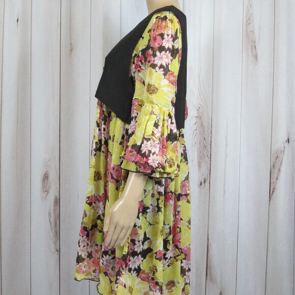 Free People Small Mini Dress Yellow Pink Floral Retro Black Vest Long Sleeve NEW - Picture 6 of 12